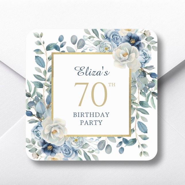 Sticker Carré Dusty Blue Floral 70e Anniversaire Faveur (Créateur téléchargé)