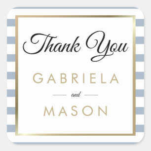Sticker Carré Dusty Blue Mariage Faux Gold Foil Merci