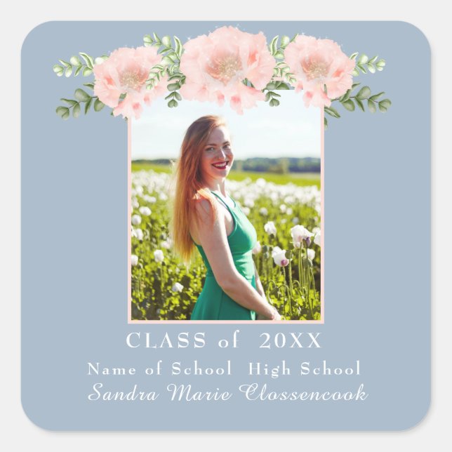 Sticker Carré Dusty Blue Moderne, Fleur rose graduation florale  (Devant)