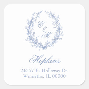Sticker Carré Dusty Blue Monogram Botanica Wreath Return Adresse