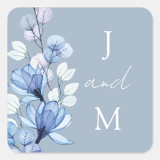 Sticker Carré Dusty Blue Monogram Floral Wedding Favoriser (Devant)