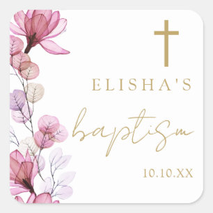 Sticker Carré Dusty Rose Élégant Floral moderne Baptême
