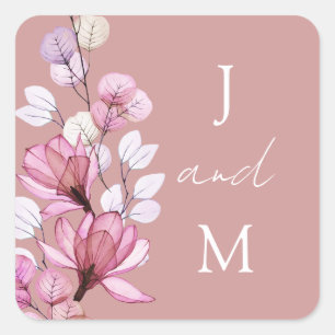 Sticker Carré Dusty Rose Monogram Floral Wedding Favoriser