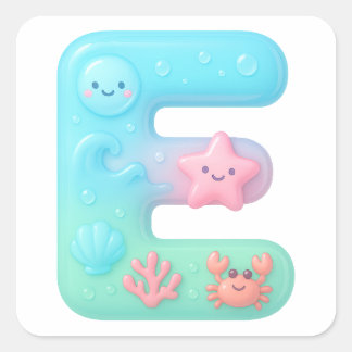 Sticker Carré "E" Cute Bubble Letter - Underwater Sea Creature A