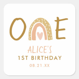 Sticker Carré Earthy Rainbow 1er anniversaire fille Classic Roun