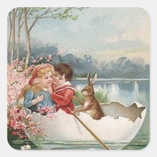 Sticker Carré Easter Oeuf Bunny Bateau Jeune couple Paysage (Devant)