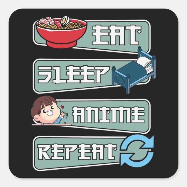 Sticker Carré Eat Sleep Anime Repeat Japanese | Kawaii Design (Devant)