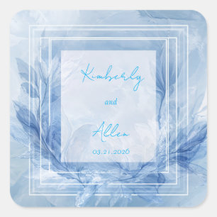Sticker Carré Eau Bleue Hivernale Aquarelle Feuille Marbrée Carr