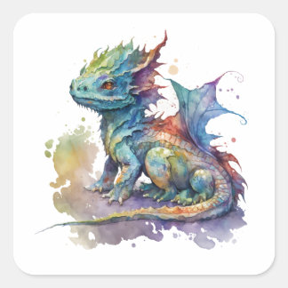 Sticker Carré Eau couleur bébé dragon whimsical brillant autocol