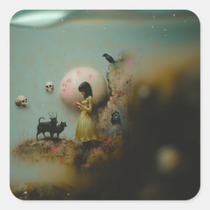 Sticker Carré Eau Priestess Raven Occult Dark Witchk AI Art