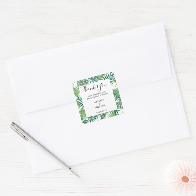 Sticker Carré Eau verte moderne tropicale feuille mariage (Enveloppe)