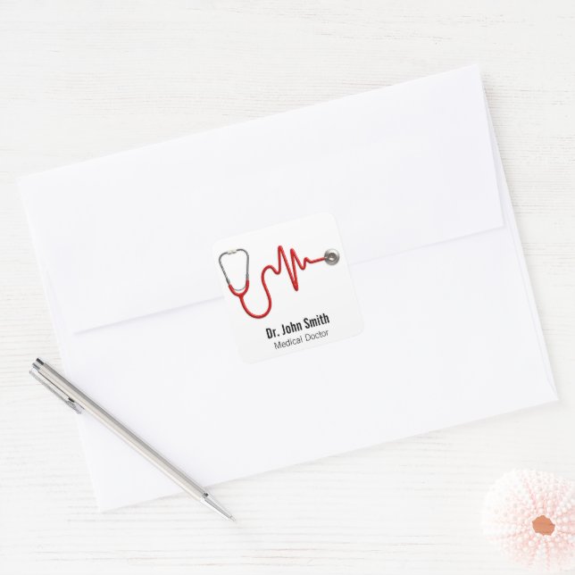 Sticker Carré ECG Wave EKG Stethoscope Heartbeat Line Médicale (Enveloppe)