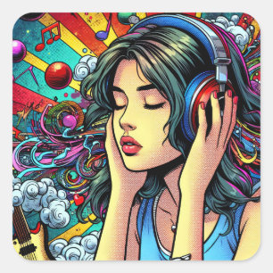 Sticker Carré Écouter de la musique sur les écouteurs Psychédéli