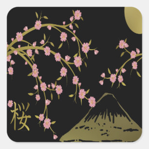 Sticker Carré Écran noir rose Sakura or japonais