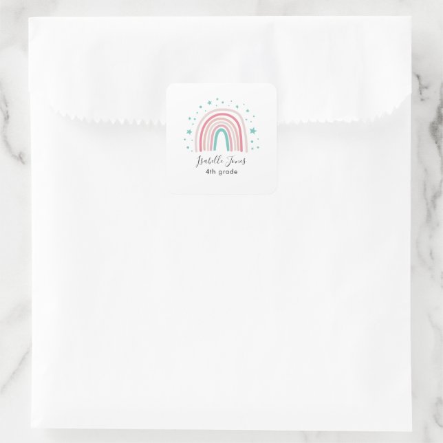 Sticker Carré Ecriture arc-en-ciel rose fille école personnalisé (Sac)