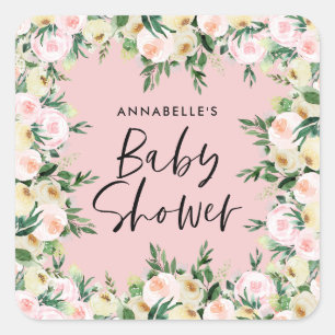 Sticker Carré Écriture florale de Baby shower aquarelle verte