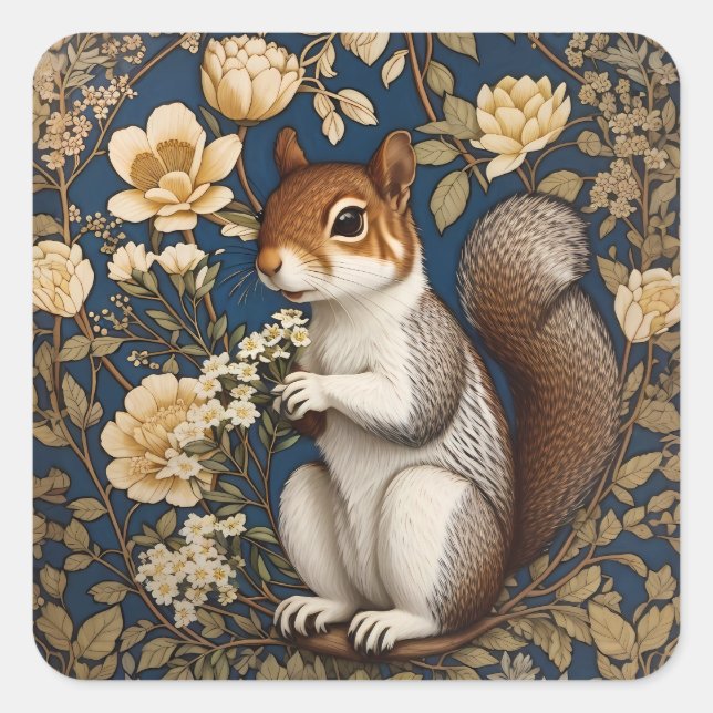 Sticker Carré Écureuil Avec Fleurs Acacia William Morris (Devant)
