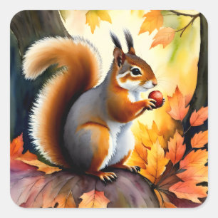 Sticker Carré Écureuil Avec Portrait D'Automne De Noix