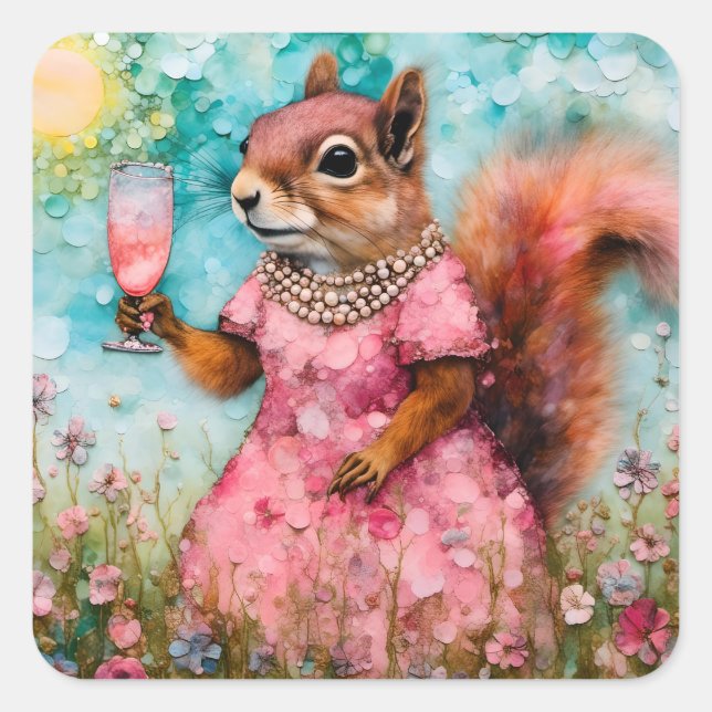Sticker Carré Écureuil avec robe rose et un verre (Devant)