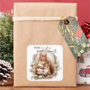 Sticker Carré écureuil de noël voeux chaleureux moments cosy