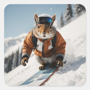 Sticker Carré Écureuil de snowboard Heure d'hiver Animaux Whimsi