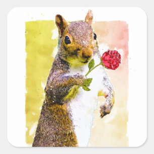 Sticker Carré Écureuil mignon avec enveloppe d'aquarelle rose ro