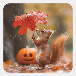 Sticker Carré Écureuil mignon avec parapluie à feuilles - Pluie 