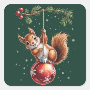 Sticker Carré Écureuil Noël Hiver Flocon de neige Vacances d'hiv