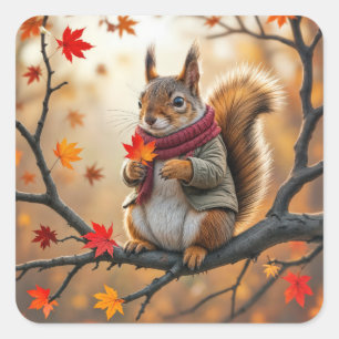 Sticker Carré Écureuil tenant une feuille d'érable d'automne