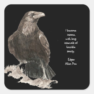 Sticker Carré Edgar Allen Poe Citation de folie Aquarelle Corbea