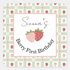 Sticker Carré Editable Square Strawberry Gingham 1st Birthday