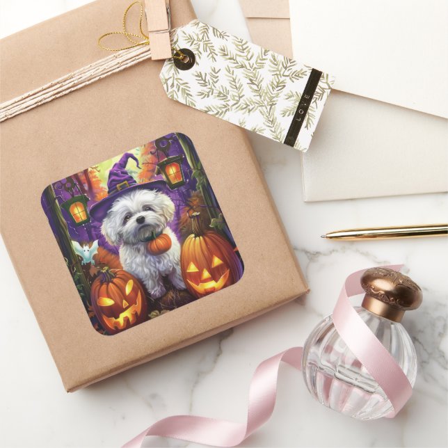 Sticker Carré Éffrayant Bichon Frise Halloween sorcière et Citro (Cadeaux)