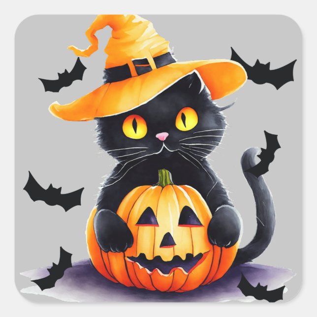 Sticker Carré Éffrayant chat noir et citrouille Halloween (Devant)