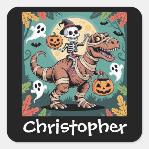 Sticker Carré Éffrayant Dino Rider - Squelette sur Mummy T-Rex
