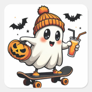 Sticker Carré Éffrayant Halloween Patinage Citrouille Fantôme ép