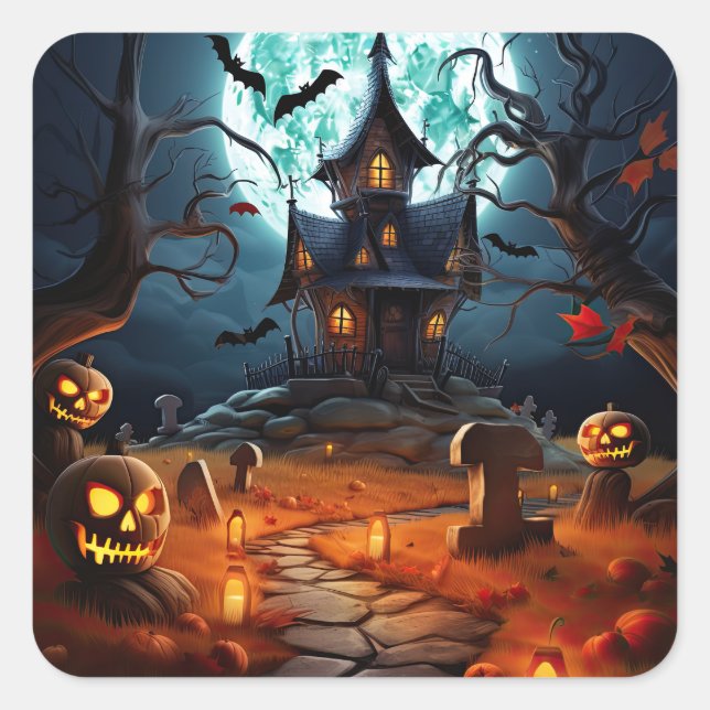 Sticker Carré Éffrayant Halloween Skeleton Skull Haunted House (Devant)