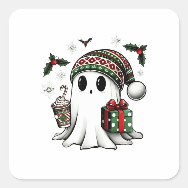 Sticker Carré Éffrayant Noël Halloween Fantôme Santa Hat (Devant)