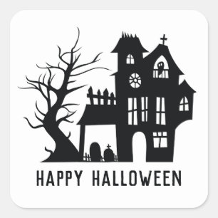 Sticker Carré Éffrayante maison blanche hantée noire. Joyeux Hal