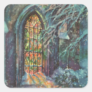 Sticker Carré Église de Noël vintage avec vitrail