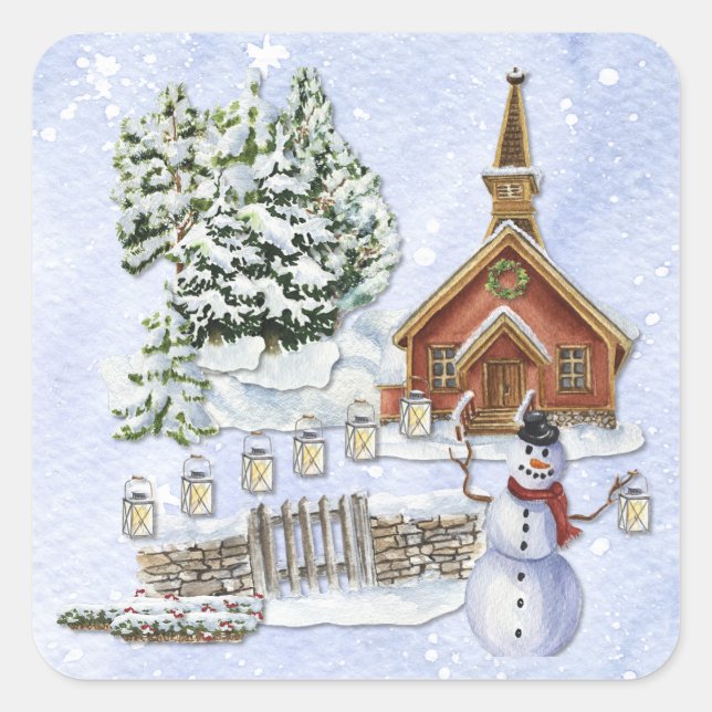 Sticker Carré Église d'hiver Watercolor (Devant)