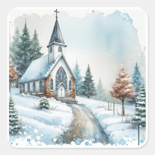 Sticker Carré Église le jour d'hiver   Noël aquarelle