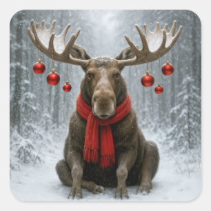 Sticker Carré Élan de Noël dans une forêt enneigée