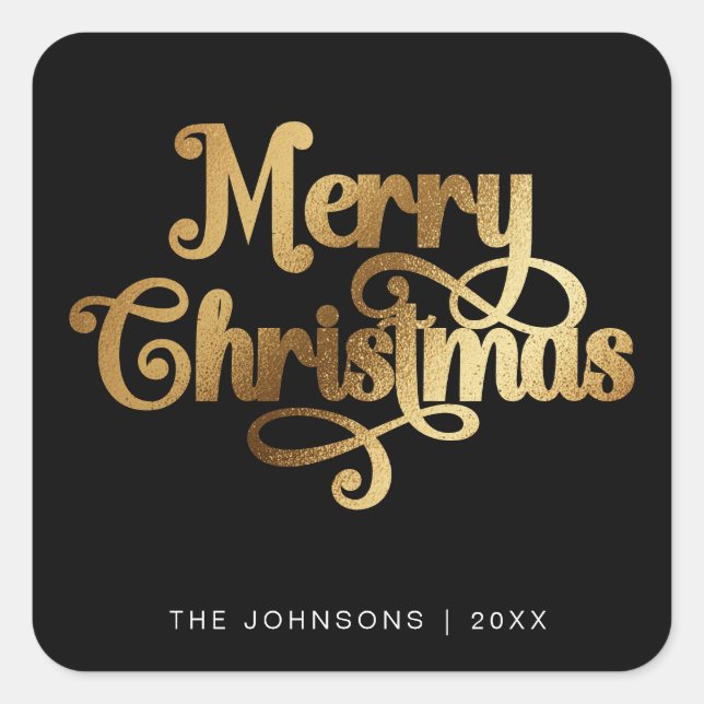 Sticker Carré Elegan Black & Gold Joyeux Script de Noël personna (Devant)