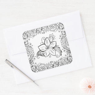 Sticker Carré Élégance florale noir et blanc
