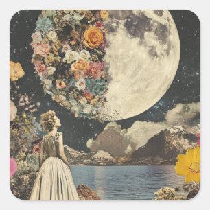 Sticker Carré Élégance Lune - Femme avec Lune (2)