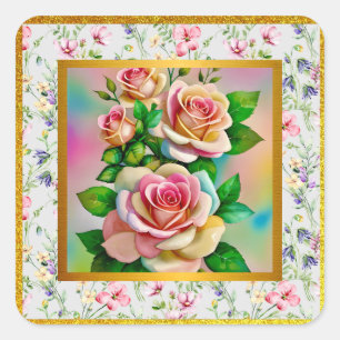 Sticker Carré Élégance Roses Rose et Jaune Aquarelle Pastel