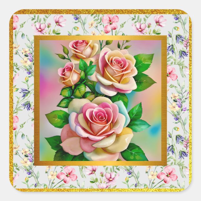 Sticker Carré Élégance Roses Rose et Jaune Aquarelle Pastel (Devant)