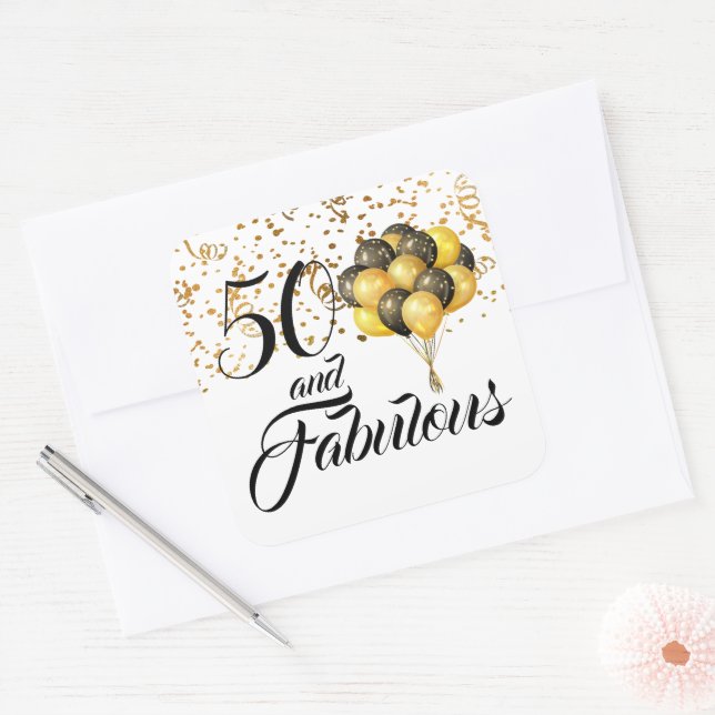 Sticker Carré Elégant 50 et Fabuleux Confetti Or Anniversaire (Enveloppe)