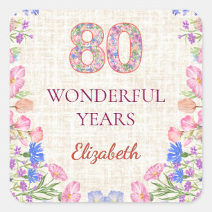 Sticker Carré Élégant 80e anniversaire pour elle - Floral rose