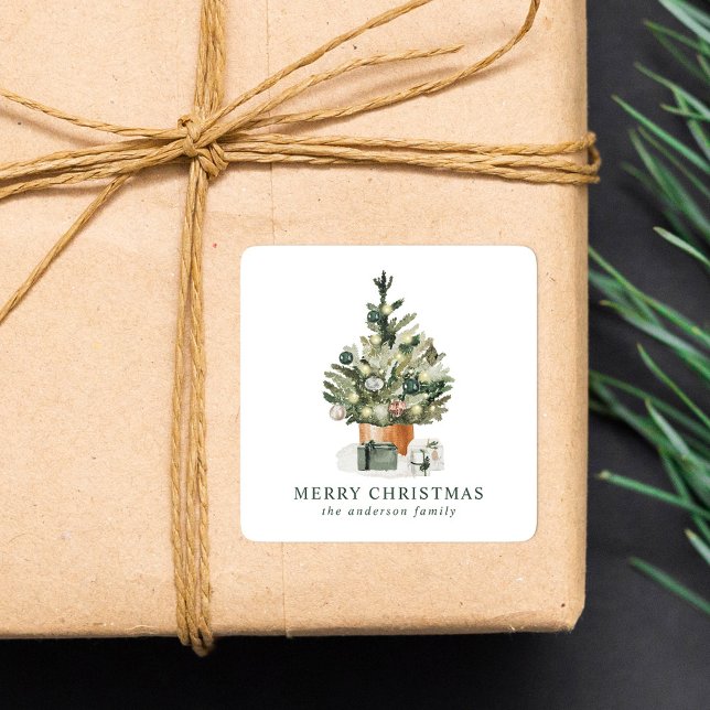 Sticker Carré Elégant Aquarelle Arbre de Noël (Créateur téléchargé)